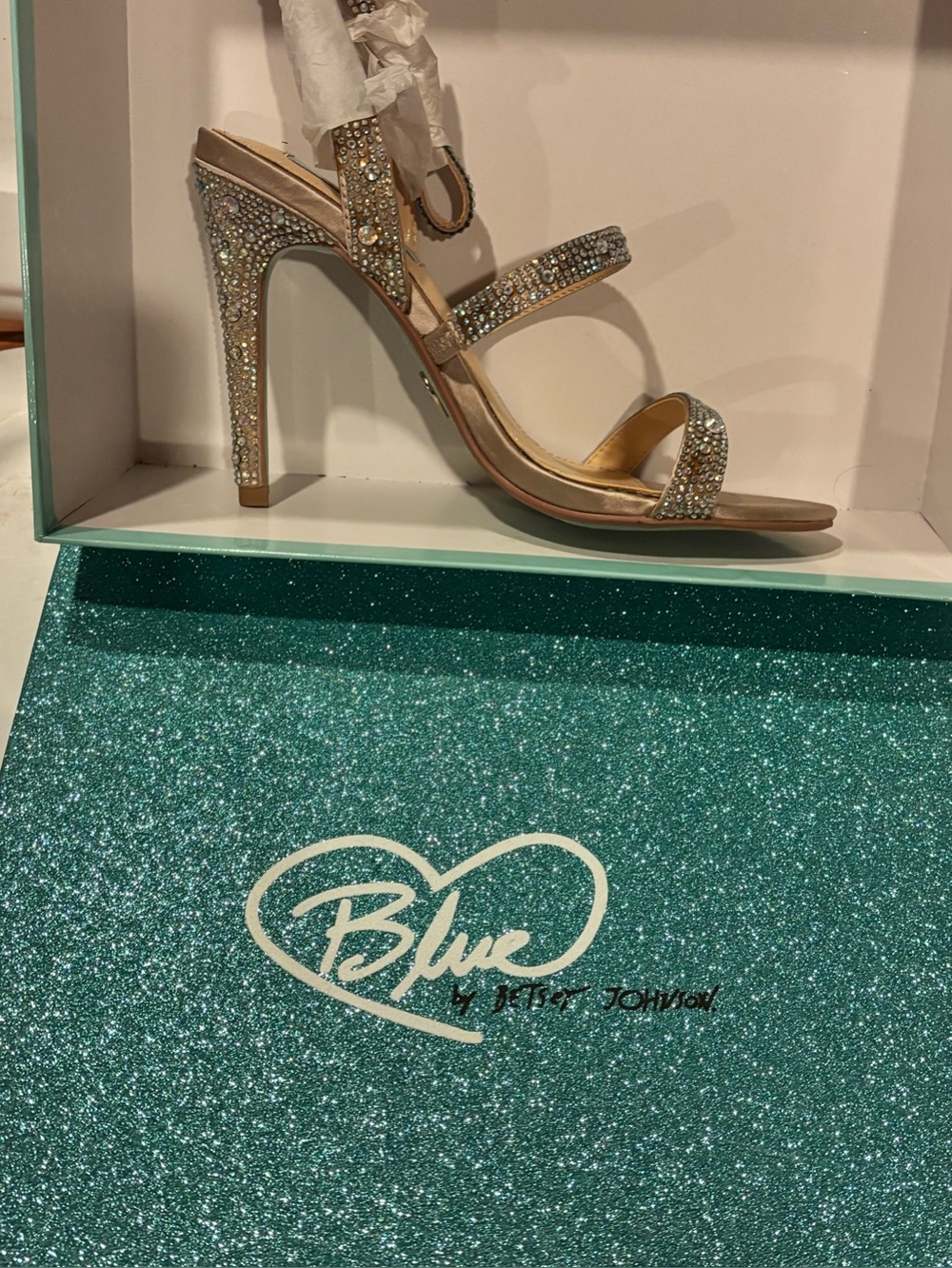 Blue by Betsey Johnson Champagne Crystal Embellished Strappy Heels